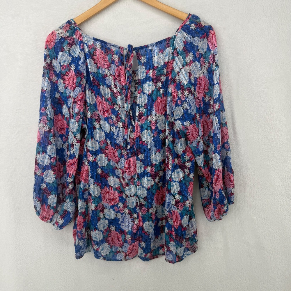 Umgee Floral Blouse Womens Large Blue Pink Metallic Smocked Square Neck Top - Picture 2 of 5